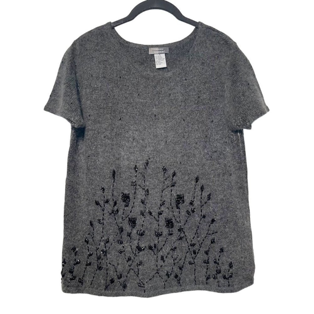 VINTAGE Beaded Floral Pattern Angora Rabbit Hair Blend Short Sleeve Soft Sweater